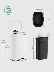 SONGMICS Kitchen Bin 30L, Pedal Bin, Rubbish Bin With Soft-Close Lid And Inner Bucket, Steel, White