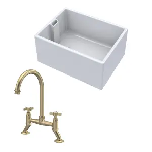 Fireclay Kitchen Bundle - Single Bowl Belfast Sink & Bridge Crosshead Mixer Tap, 615mm - Brushed Brass - Balterley