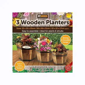 Set of 3 Garden Wooden Decorative Solid Barrel Planters 8966