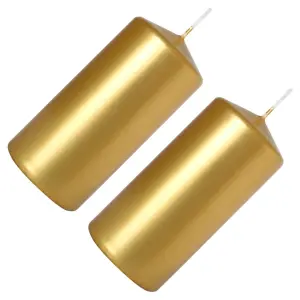 Pillar Candles, Pack of 2, Unscented, Long Burning Time, 10 x 5 cm / 4 x 2 in (Gold, Metallic)