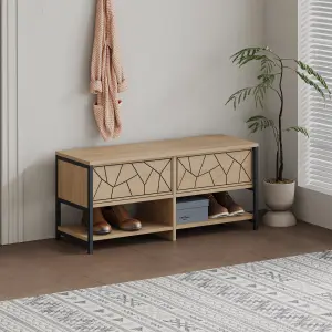 Decortie Modern Inola Shoe Bench Oak Natural Engineered Wood Geometric Laser-Cut Shape 2-Door Cupboard 105(W)cm Metal Legs Hallway