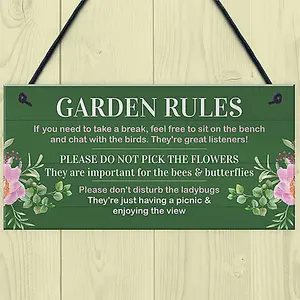 Red Ocean Novelty Garden Rules Sign for Outdoor Decor Funny and Quirky Sign for Garden Enthusiasts