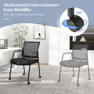 COSTWAY 2 Pcs Office Guest Chairs on Wheels Mesh Back Reception Chair