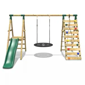 Rebo Wooden Swing Set with Deck and Slide plus Up and Over Climbing Wall - Pyrite Green