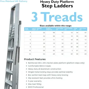 0.6m Aluminium Platform Step Ladders 3 Tread Home DIY Lightweight Metal Steps