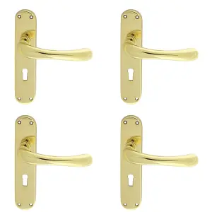 4 PACK - Rounded Smooth Latch & Lock Door Handle - Polished Brass Lever on Backplate