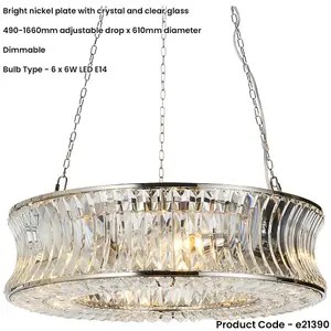 Hanging Ceiling Pendant Light - Bright Nickel Plate With Crystal And Clear Glass - 6 X 6W LED E14