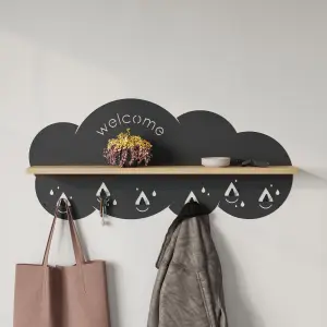 Decortie Cloudy Wall-Mounted Metal Hanger Oak Shelf with 6 Metal Hooks Welcome Cloud Shape Functional Storage Hanger Entryway