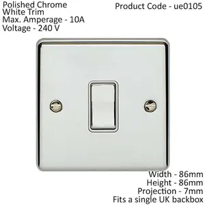 1 Gang Single INTERMEDIATE Light Switch CHROME & White 10A Metal Rocker