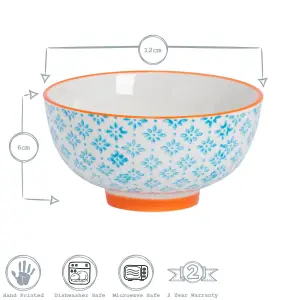 Nicola Spring Hand-Printed Rice Bowl - Japanese Style Porcelain Ramen Dessert Crockery - 12cm - Blue