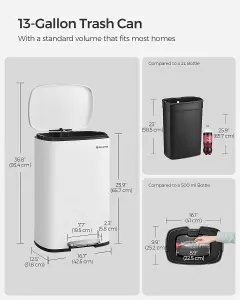 SONGMICS Rubbish Bin, Pedal Trash Can, Waste Management Bin, Soft Close, Step-On Pedal, Steel, Inner Bucket, White