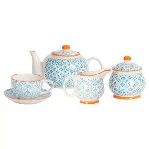 Nicola Spring - Hand-Printed Tea Set - Blue - 15pc