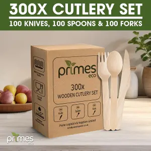 PRIMES ECO Disposable Wooden Cutlery Set, 100 Forks, 100 Spoons and 100 Kniv