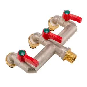 triple outlet garden tap splitter/manifold in nickel plated brass,universal hose connection,1/2" bsp inlet thread