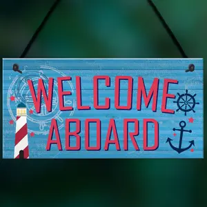 Red Ocean Welcome Aboard Nautical Seaside Marine Theme Gift Hanging Plaque Bathroom Bedroom Boat Sign