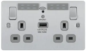 BG Brushed Steel 13A Flat Double WiFi extender socket with USB