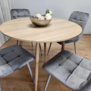 Round Oak Effect Kitchen Dining Table With 4 Grey Velvet Tufted Chairs Dining Set