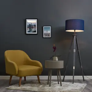 ValueLights Willow Large Grey Wood & Metal Tripod Design Floor Lamp with Navy Blue Shade - Complete with 6w LED GLS Bulb