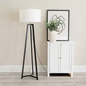 ValueLights Lottie Black Wood Tripod Floor Lamp with White Drum Shade