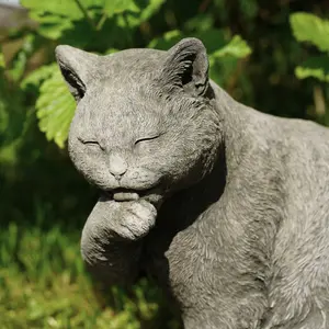 Preening Cat Stone Statue Animal Kitten Outdoor Garden Ornament Decoration British Made Sculpture