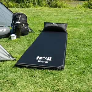 Single Pillow Camping Mat Self Inflating Inflatable Roll Mattress With Bag Black Trail