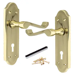 Ashford Door Handle Key Lock Scroll Lever - Polished Brass