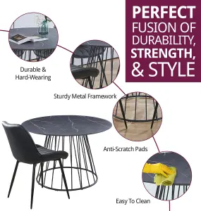 Hallowood Furniture Cullompton Large 120cm Round Table with 4 Black Bonded Leather Dining Chairs