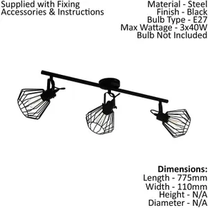 Flush Ceiling Light 3 Spots Track Black Shade Open Wire Frame Bulb E27 3x40W