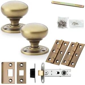 Mortice Door Knob & Latch Pack - Antique Brass - 51mm Smooth Mushroom On Round Rose