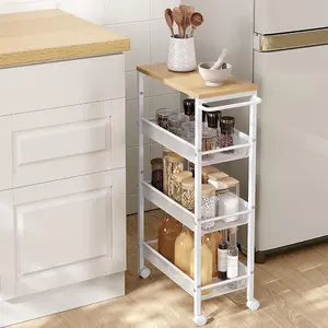 VASAGLE Storage Cart, 4-Tier, Space-Saving Rolling Trolley, Metal, Handle, Trolley for Small Spaces, Oak and White