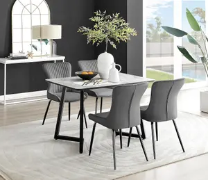 Furniturebox UK Carson White Marble Effect Dining Table & 4 Dark Grey Nora Black Leg Chairs