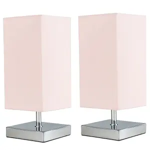 ValueLights Yuko Pair of Modern Square Polished Chrome Touch Table Lamps with Pink Shades