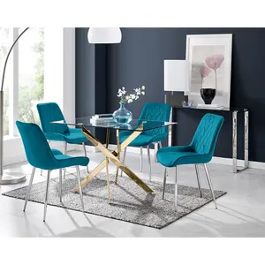 Lenworth Glass Rectangular Dining Table Set with 4 Luxury Velvet Chairs Blue/Silver / Gold