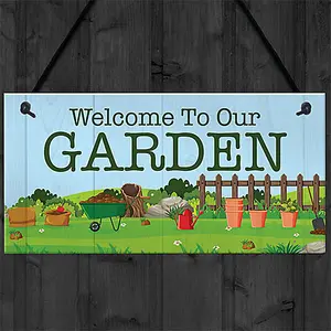 Red Ocean Welcome To Our Garden Sign Hanging Wall Door Shed Sign Gift For Him Her Home Decor Garden Plaques