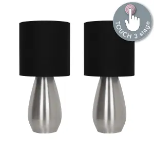 First Choice Lighting Set of 2 Bullet Satin Nickel Touch Table Lamps with Black Fabric Shades