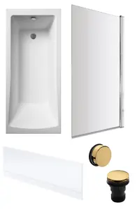 Square Single Ended Bath, Bath Screen, Front Panel, Brushed Brass Waste -1700x700mm