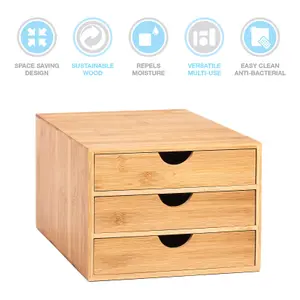 Woodluv 3 Drawer Bamboo Home Office Desktop Tidy A4 Sturdy Stationary Storage Organiser Unit, W25 X D33 X H18.5cm