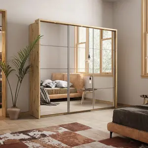 Lux 27 - 3 Mirrored Sliding Door Wardrobe in Oak Shetland - W2400mm H2190mm D590mm, Sleek and Spacious