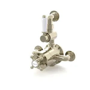 ENKI Downton English Gold White Traditional Brass Thermostatic Twin Shower Valve with Return to Wall Bend T110