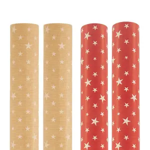 Festive Kraft Wrapping Paper with Red and Natural Star Designs - 4 Pack