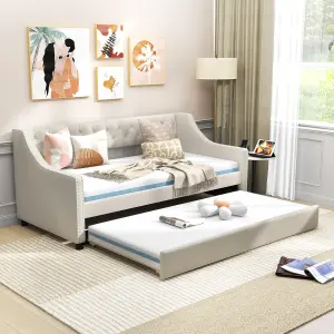 Costway Single Size Trundle Bed Linen Upholstered Daybed w/ Trundle Sofa Bed Frame