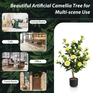 Costway Artificial Camellia Tree Faux Flower Plant Pot Artificial Tree 24 Yellow Flowers