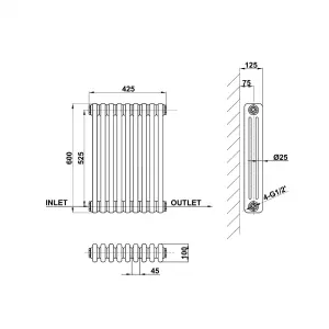 Horizontal Anthracite Triple Column Radiator (H) 600mm x (W) 425mm, 2680 BTU.