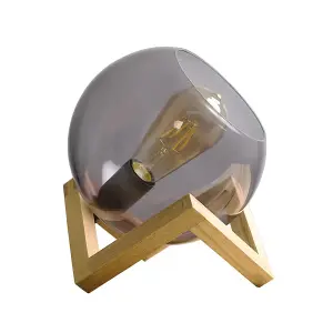 ValueLights Cruz Modern Smoked Effect Glass Globe Bedside Table Lamp on a Wooden Frame Base