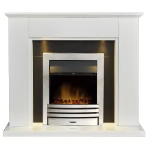 Adam Eltham Fireplace in Pure White & Black with Downlights & Eclipse Electric Fire in Chrome, 45 Inch