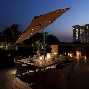 SunDaze 2.5M Coffee Garden Parasol with Solar LED Lights and Crank Tilt Mechanism Outdoor Patio Umbrella