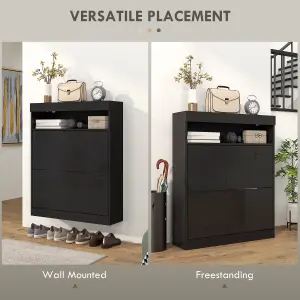 HOMCOM Wall Mounted or Freestanding Shoe Cabinet with 2 Flip Drawers, Black