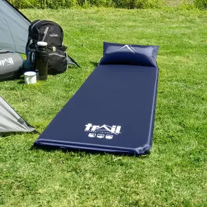 Single Pillow Camping Mat Self Inflating Inflatable Roll Mattress With Bag Blue Trail