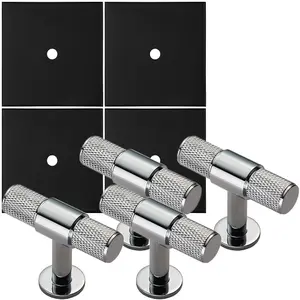 4 PACK - Cabinet Door Knob & Contrasting Backplate Set - Knurled T Bar Pull - Polished Chrome & Black