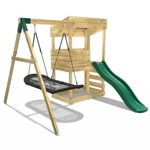 Rebo Wooden Lookout Tower Playhouse with 6ft Slide & Swings - Cascades